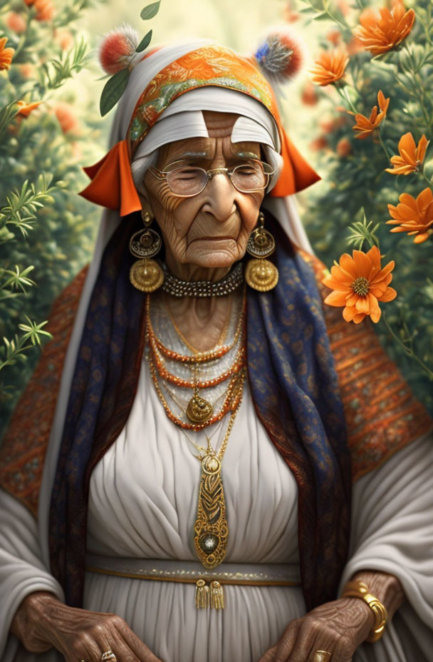 Elderly Woman in Cultural Jewelry and Headscarf Among Vibrant Florals