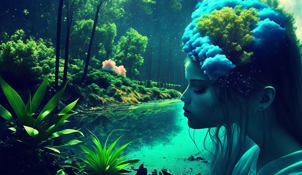 Surreal portrait of a woman with forest and cosmic elements in her hair