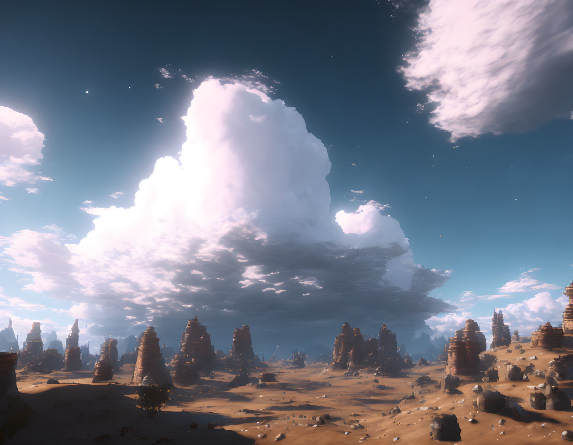 Desert landscape with towering rock formations under a vast blue sky.