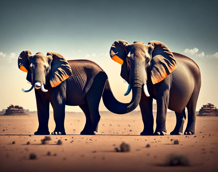 Two elephants with orange-illuminated ears and tusks walking in desert landscape