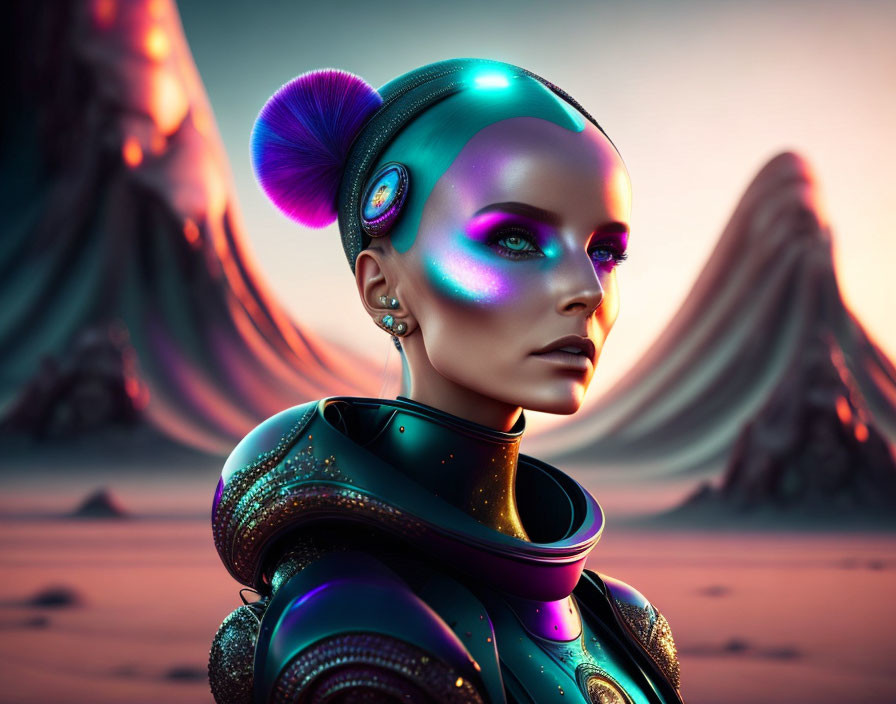 Vividly colored futuristic robotic woman against alien-like mountains