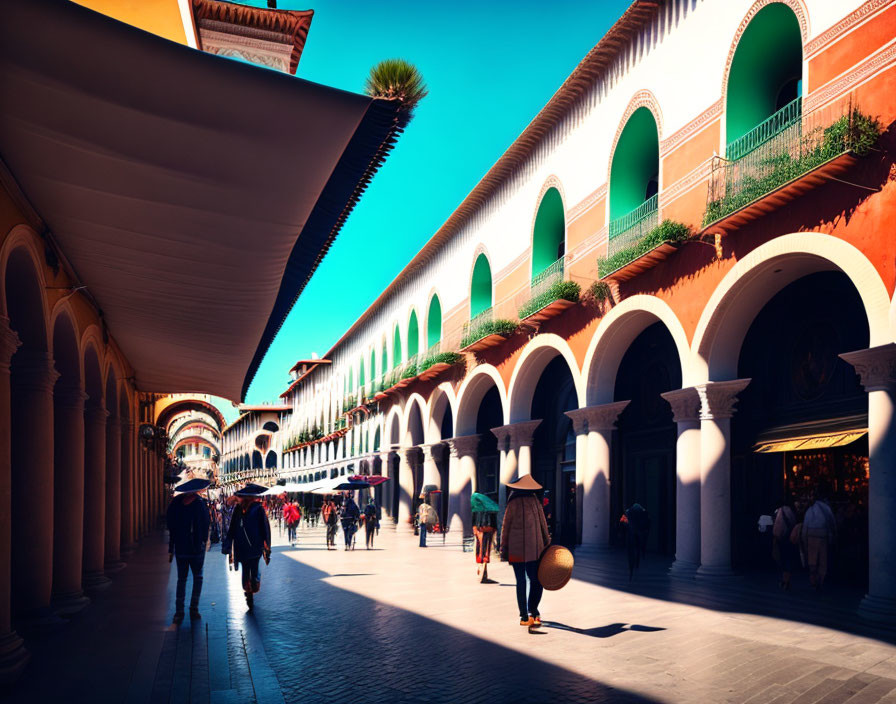 Busy street scene with archways, pedestrians, and blue sky