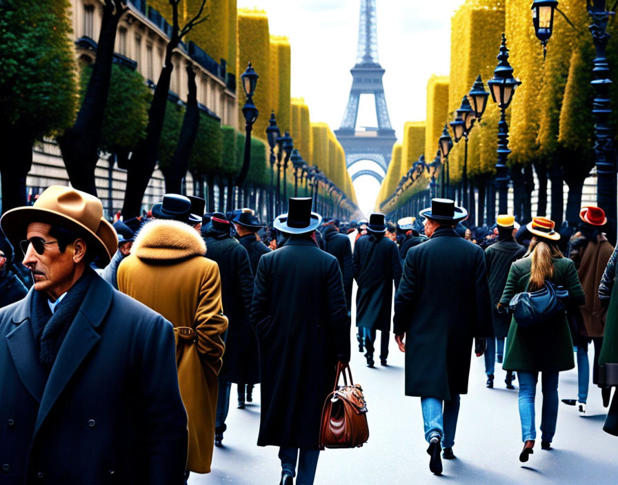 Fashionable individuals strolling along tree-lined street with Eiffel Tower view