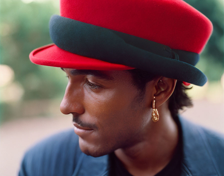 Profile of Person Wearing Red and Green Stacked Hats with Gold Earring