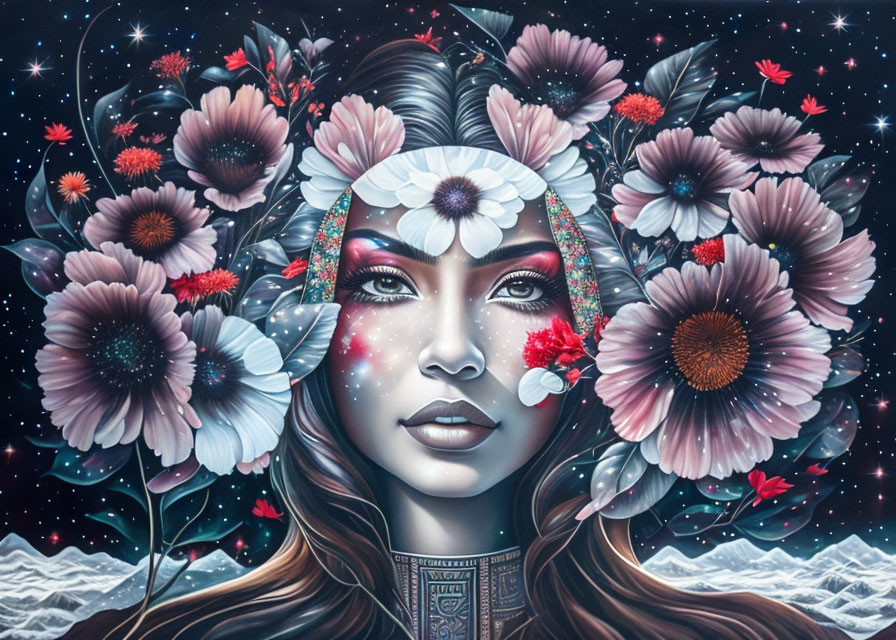 Surreal portrait of a woman with flowers, starry night sky, red accents, and w