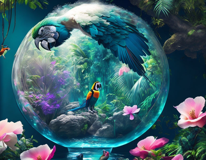 Colorful digital art: Parrot in bubble, tropical forest, lush vegetation, peacock above