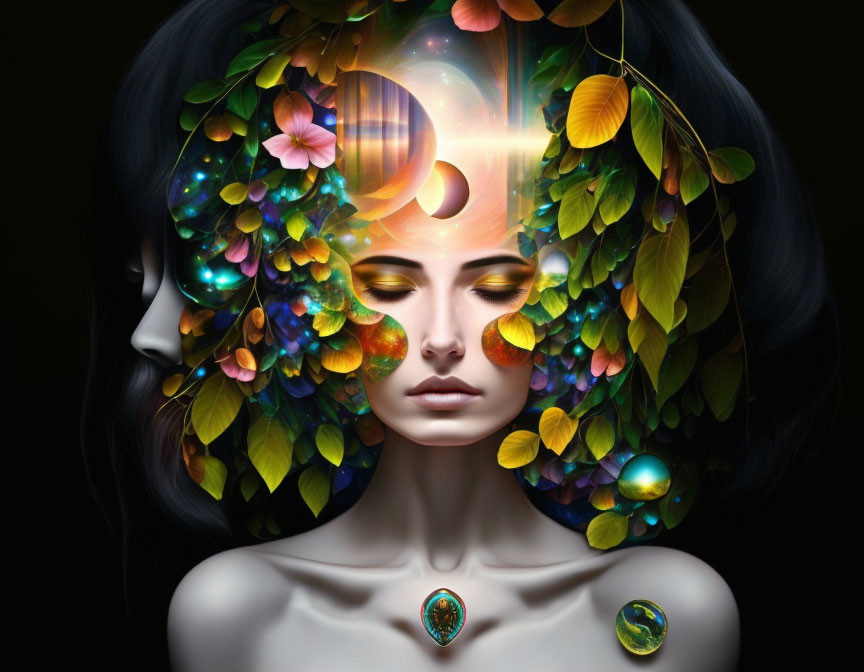 Surreal portrait of woman with floral hair in cosmic setting