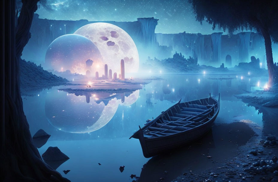 Tranquil landscape with boat on lake shore, moon, planets, cliffs, and blue tones