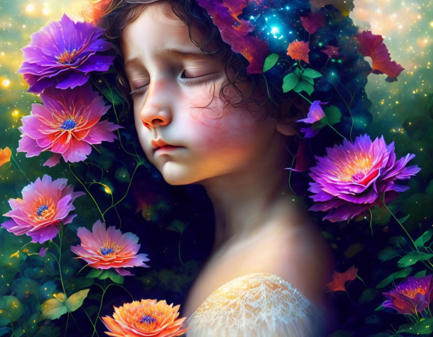 Young girl in vibrant floral setting with cosmic overlay