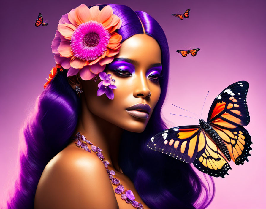 Woman with Purple Hair, Flowers, and Butterflies on Purple Background