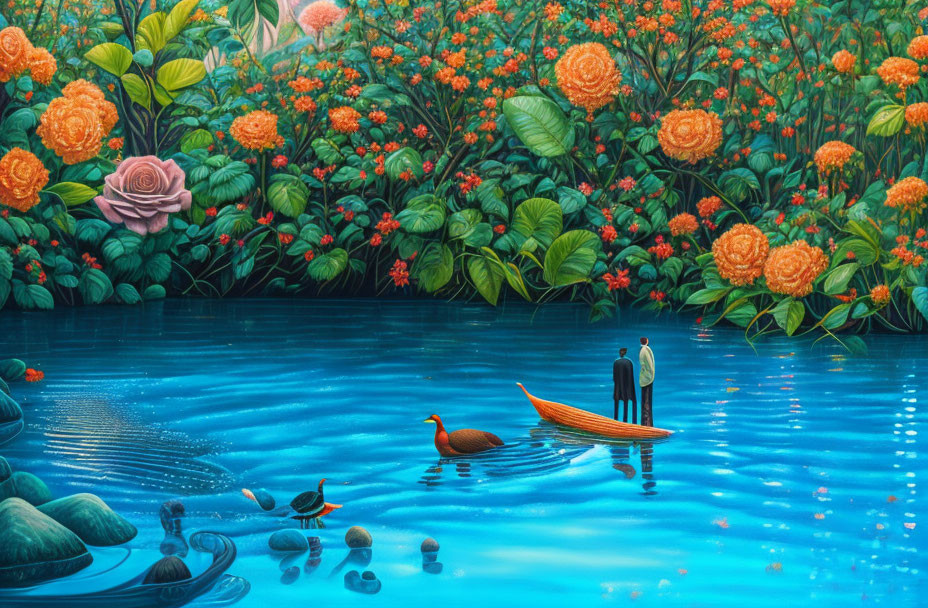 Colorful Garden Scene with Couple on Boat in Tranquil Pond