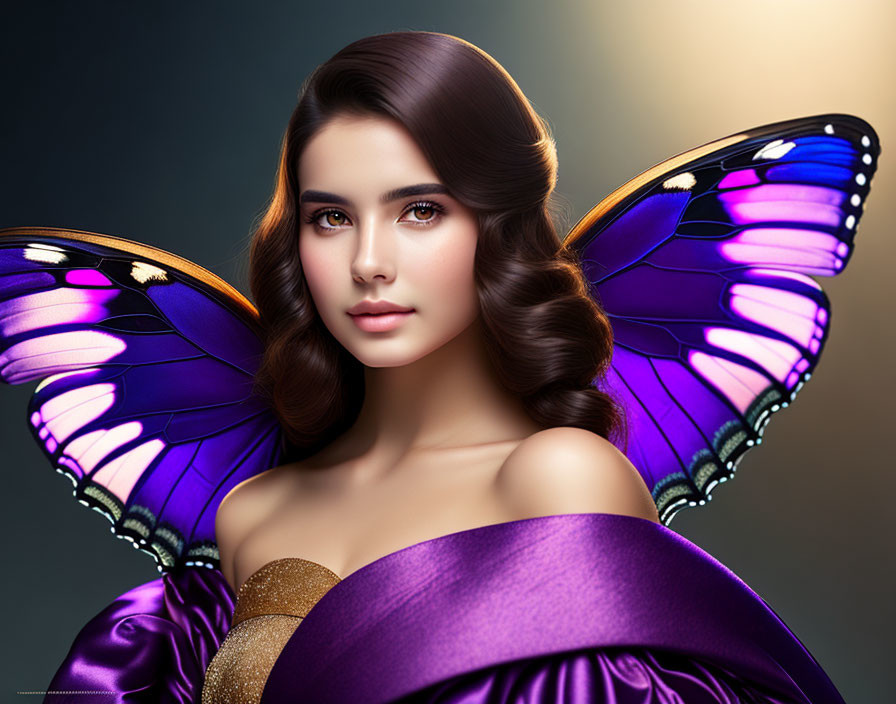 Woman with Wavy Hair & Butterfly Wing Graphic on Gradient Background