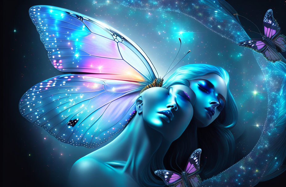 Ethereal digital artwork of two figures with blue skin and butterfly wings in a starry setting.