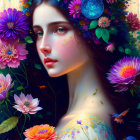 Young girl in vibrant floral setting with cosmic overlay