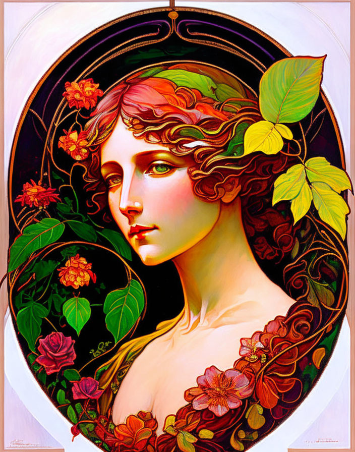 Woman with flowing hair entwined with green leaves and red roses in Art Nouveau style.