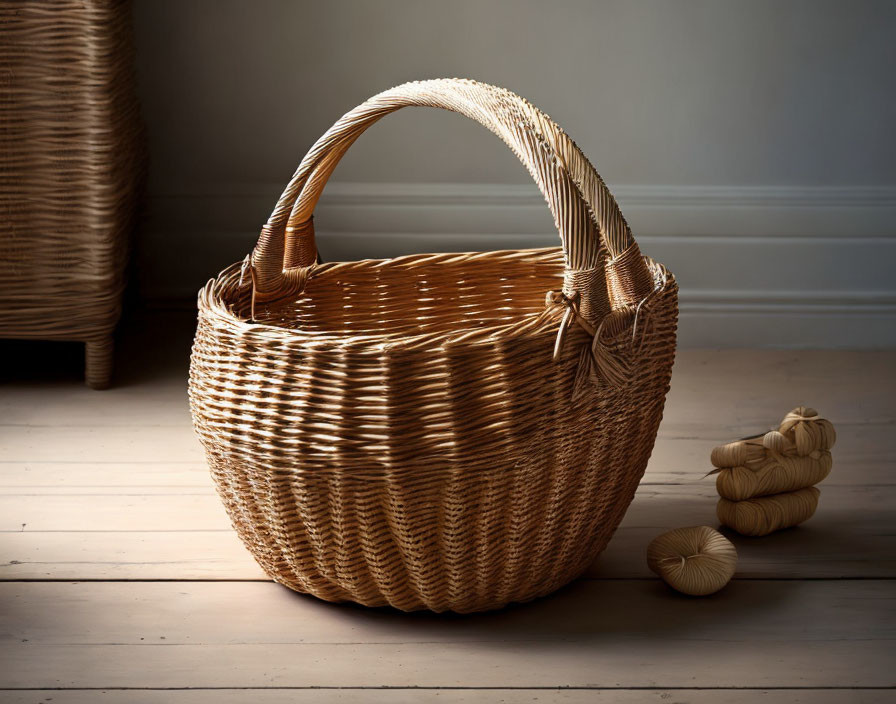 Woven wicker basket with handle on wooden floor in softly lit room