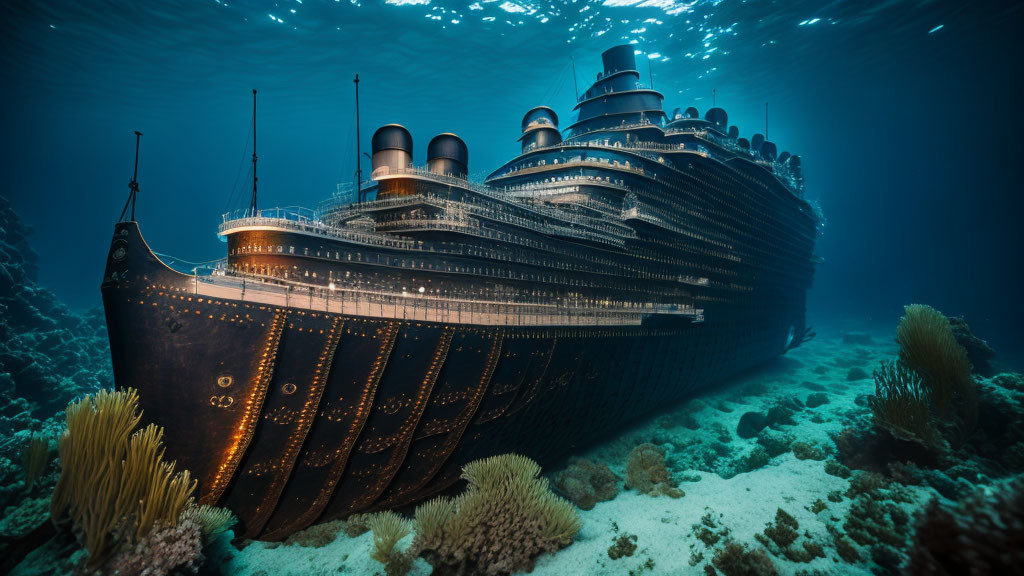 Sunken multi-decked shipwreck amidst coral and marine life