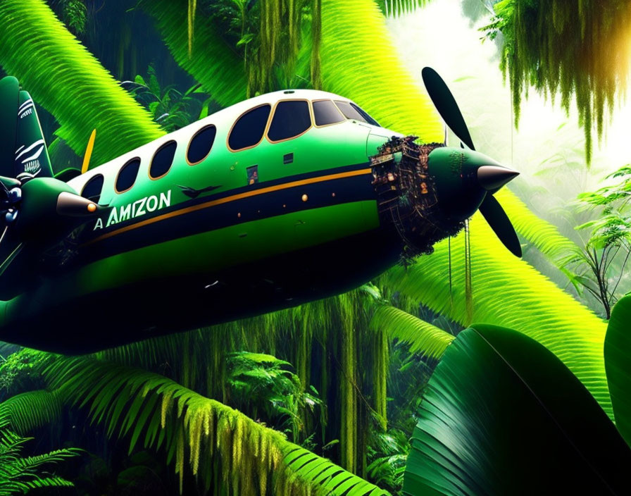 Green and Black "AMAZON" Airplane Flying Low Over Lush Jungle