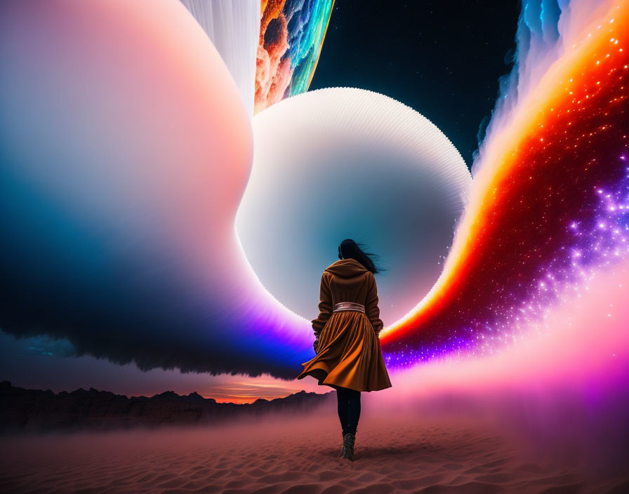 Person standing on sand facing surreal landscape with colorful nebula and celestial bodies.