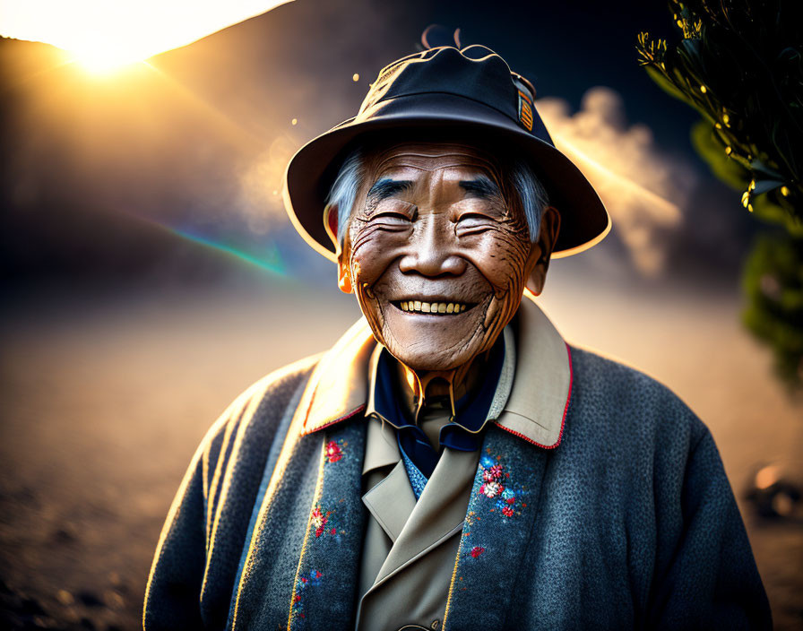 Elderly person in hat and coat smiling at sunset