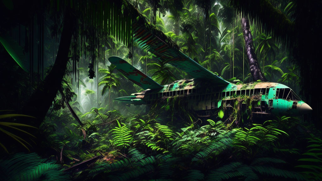 Overgrown airplane in lush forest with mist and ferns