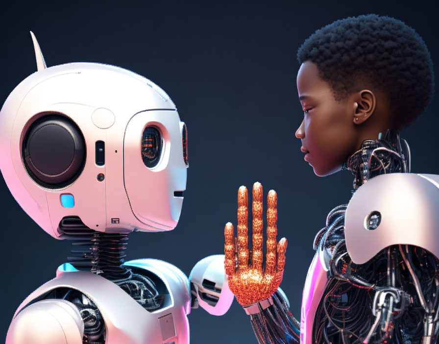 Young person with afro meets humanoid robot in digital arm glow scene