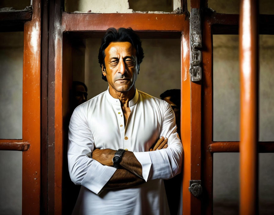 Traditional white kurta-clad man in orange-lit room with crossed arms