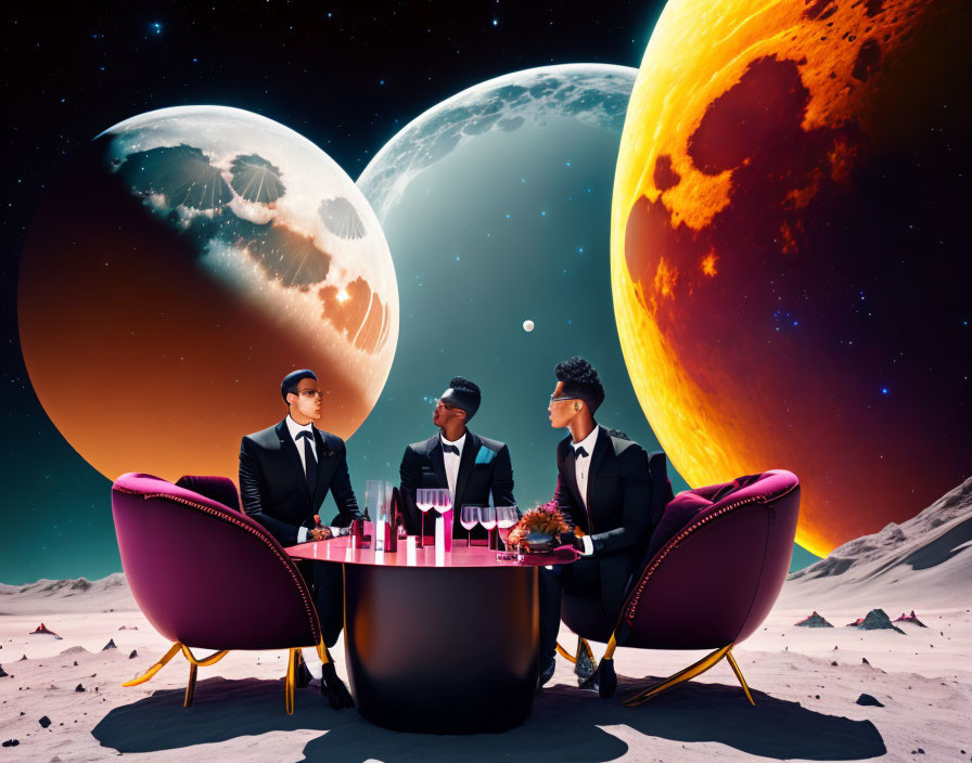 Three individuals in stylish attire on surreal alien landscape with two moons.