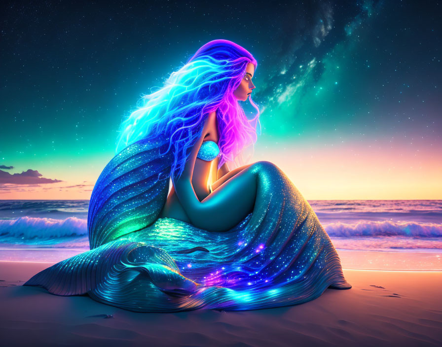 Vibrant neon-haired mermaid on beach at sunset