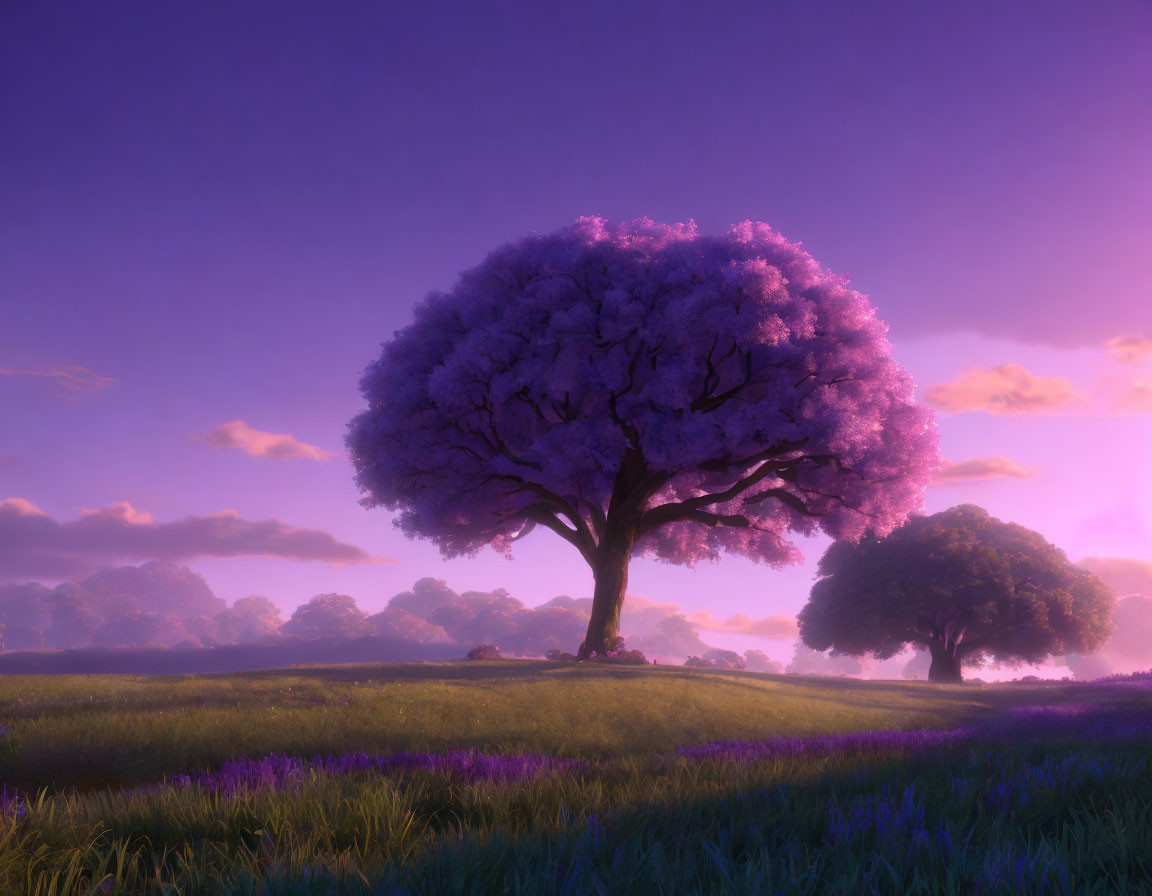 Tranquil Dusk Landscape with Majestic Tree in Lavender Field