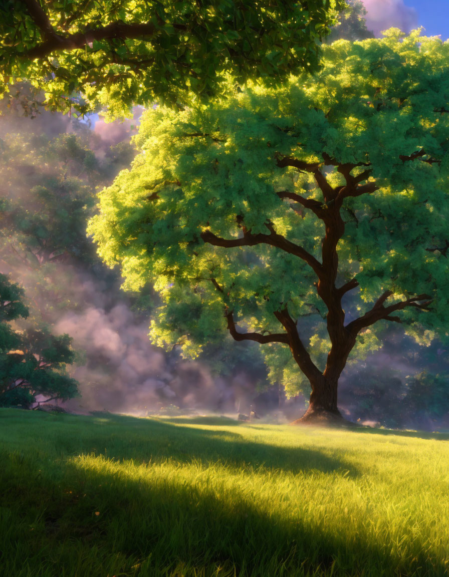 Tranquil forest scene with majestic tree and soft sunlight