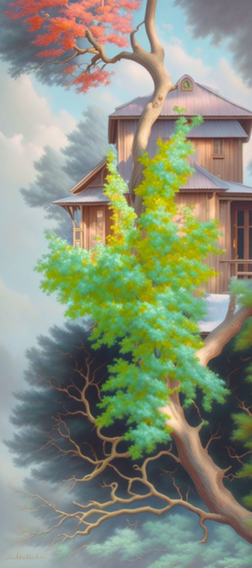 Vibrant treehouse illustration in misty setting