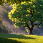 Tranquil forest scene with majestic tree and soft sunlight