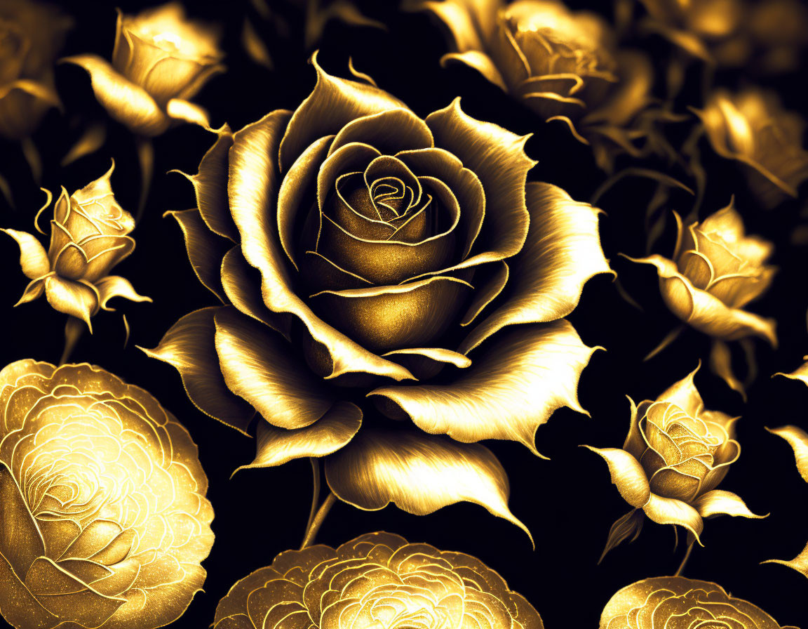 Intricate golden roses on black background, metallic sheen