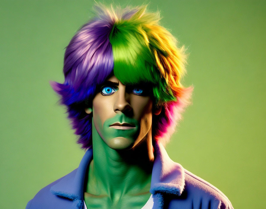 Multicolored Hairstyle and Intense Blue Eyes Against Green Background