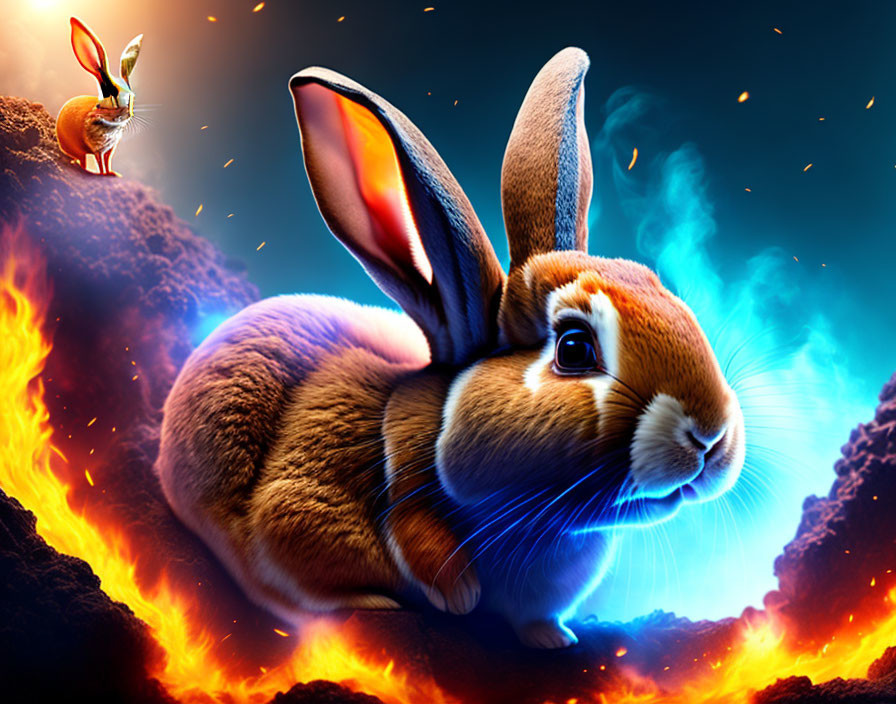 Giant rabbit in fiery cosmic scene with smaller rabbit on planet