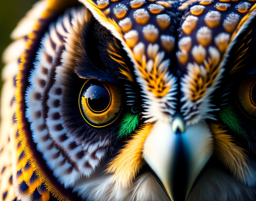 Vibrant owl face with colorful feathers and intense yellow eye