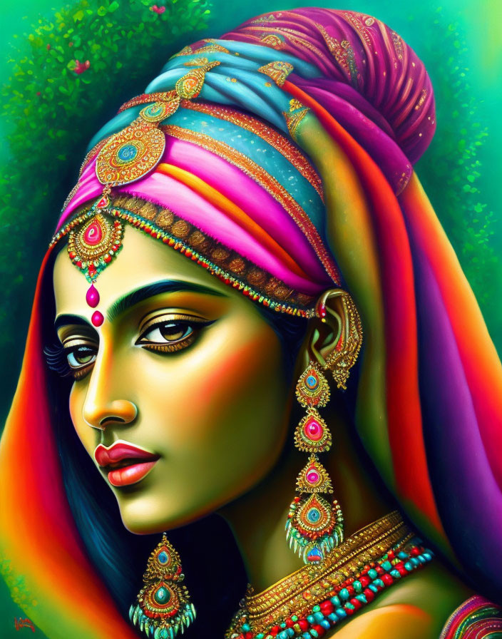 Colorful painting of a woman with elaborate jewelry and traditional makeup