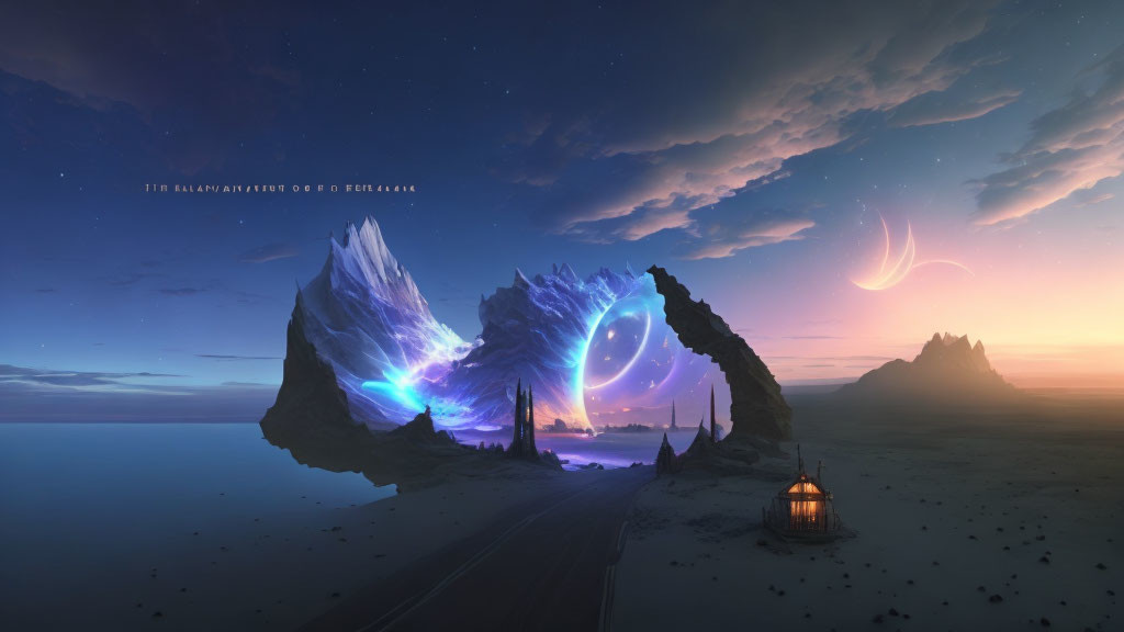 Mystical landscape: Glowing rock, serene beach, distant lighthouse, surreal sky