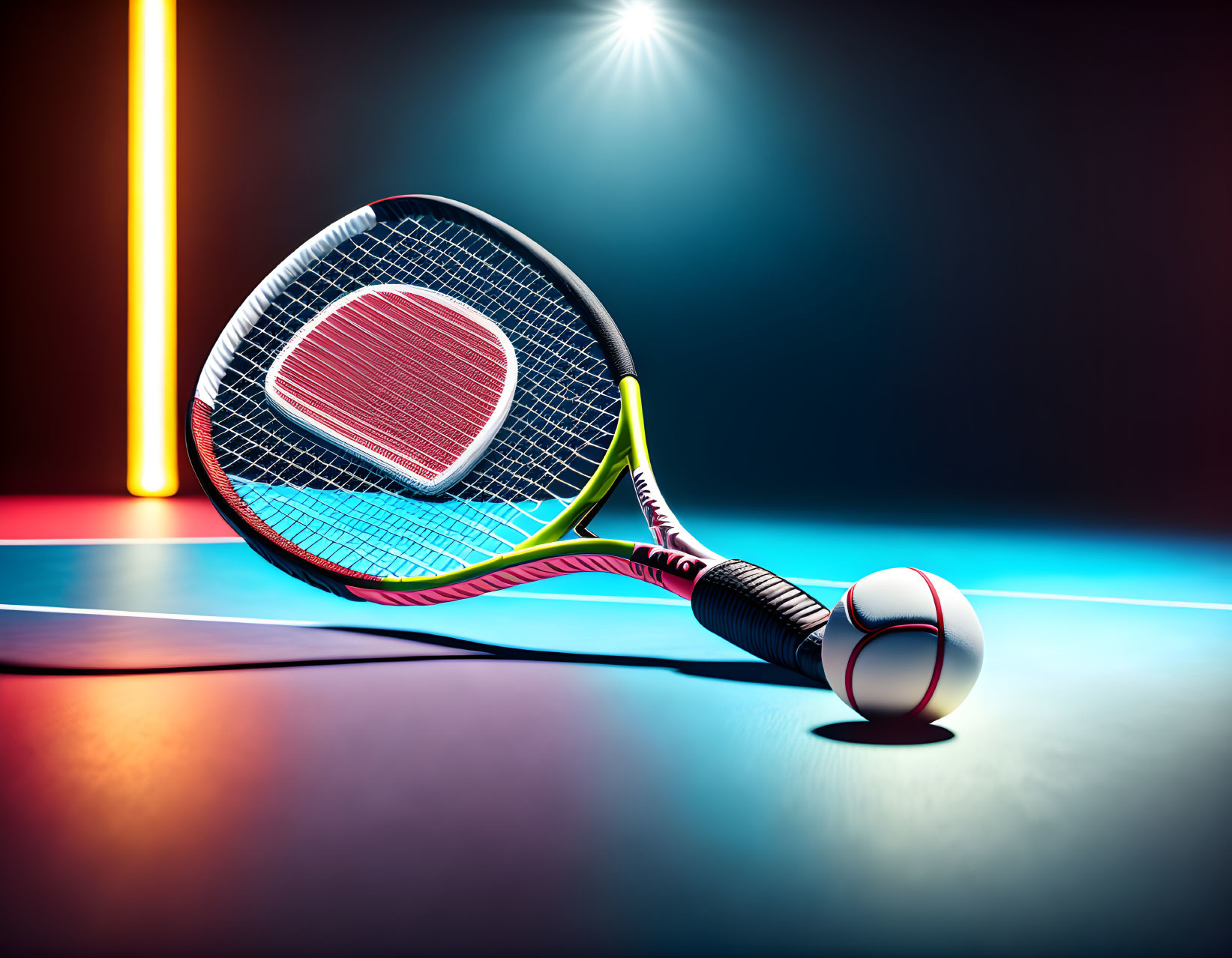 Tennis racket and ball on reflective surface with neon lights - Indoor tennis setting