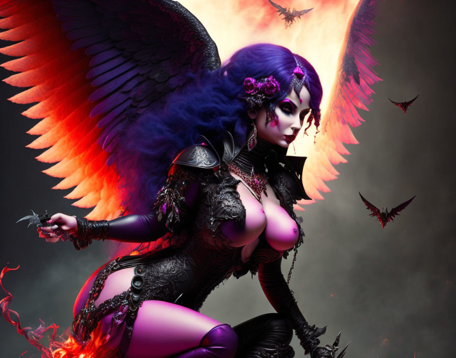 Fantasy artwork: Female character in dark armor with purple hair and fiery wings, surrounded by creatures with