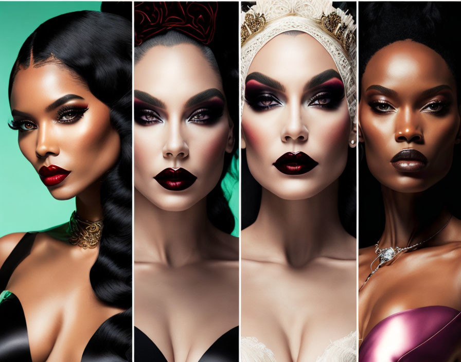 Four Women with Bold Makeup and Dark Lipstick in Elegant Outfits against Colored Backdrops