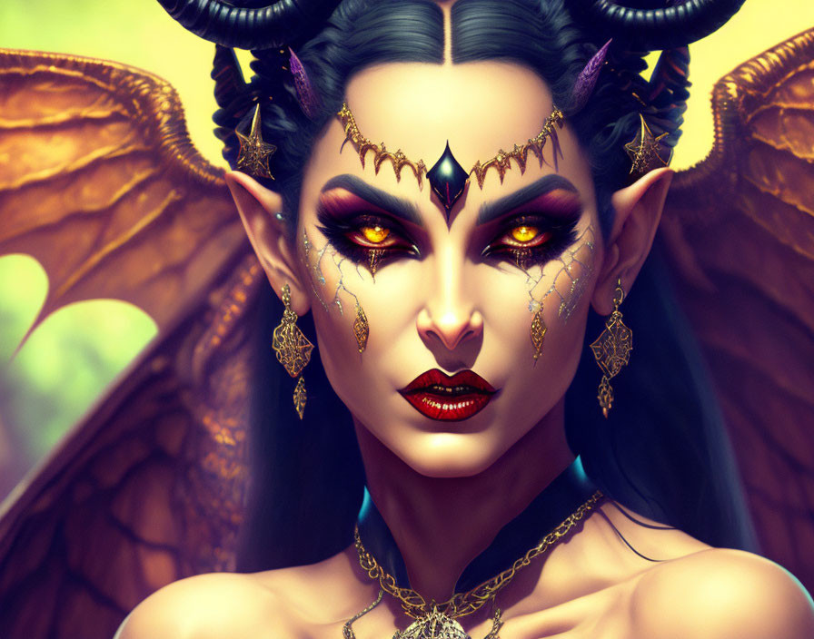 Fantasy illustration of female character with horns, bat wings, yellow eyes, face jewelry, and intense