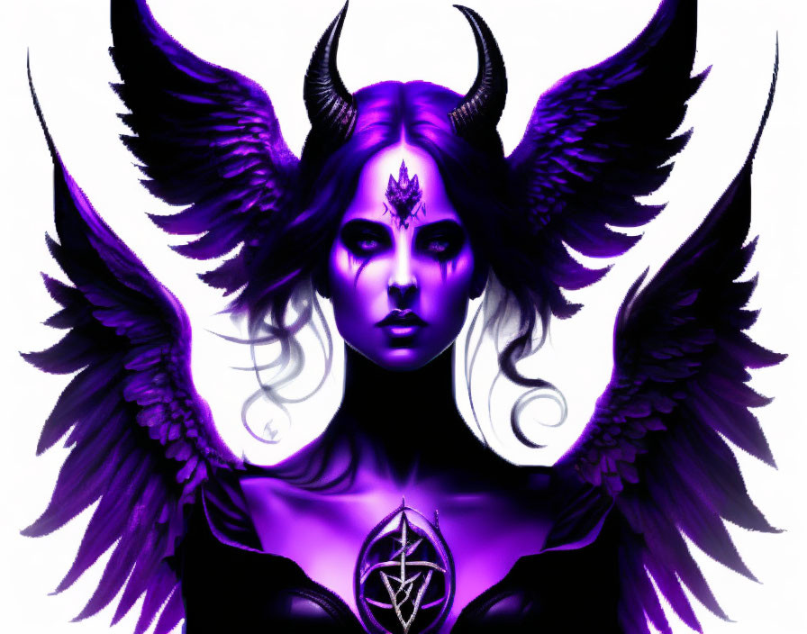 Fantasy digital artwork: Purple-skinned female character with horns and wings