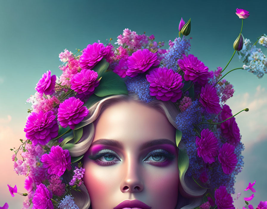 Digital Artwork: Woman with Purple and Pink Flower Crown on Teal Background