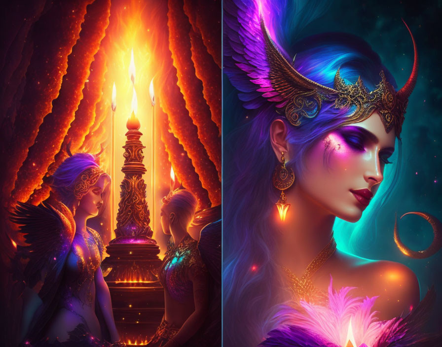 Fantasy artwork: Ethereal being and winged woman with luminescent makeup