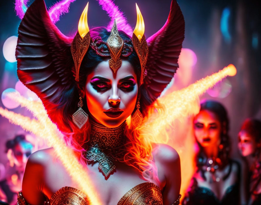 Woman with dramatic makeup and devil horns under neon lights at themed event