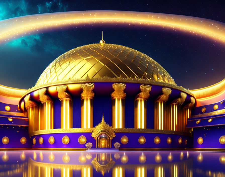 Golden-domed palace with ornate decorations in twilight sky