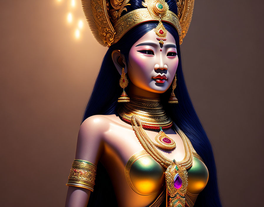 Blue-skinned female figure with gold jewelry and crown on warm background