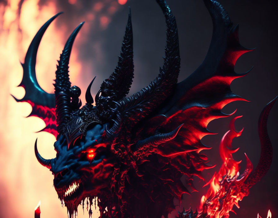 Sinister Red and Black Dragon with Glowing Eyes and Sharp Horns